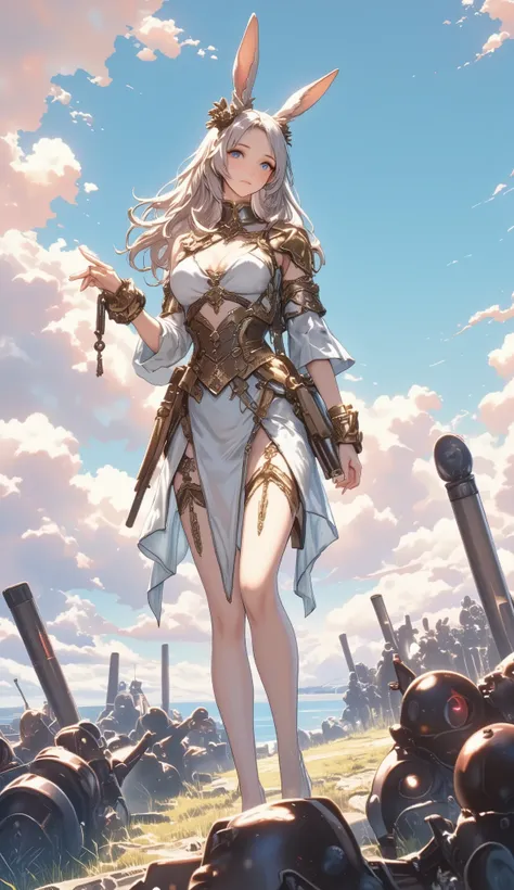 concept art in soft and elegant Japanese anime style with smooth lines and gentle pastel colors, very feminine and graceful Viera-inspired female commander with flowing hair, long rabbit-like ears, soft body curves and beautiful face, wearing ornate and de...