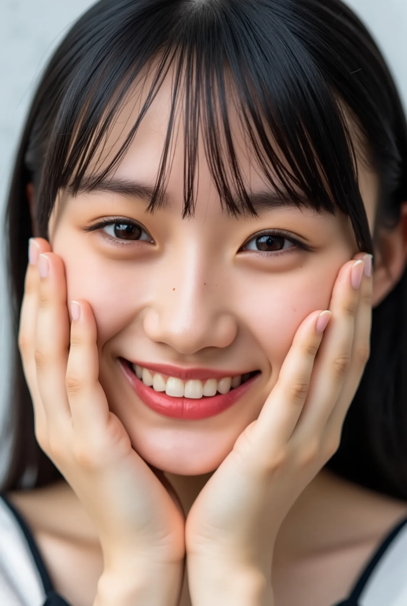 extreme close-up portrait, beautiful girl with her love-struck, radiant face filling the entire frame (95% face ratio), gently placing both open hands on her flushed cheeks with soft fingers, soft black camisole, white blurred background, eyes dreamy and h...