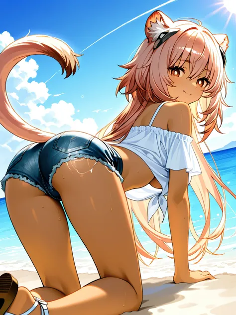 gravel（Arknights）kind smile、Suddenly eyebrows、brown eyes in the bedroom、Long hair and tail fluttering in the wind、Twilight at sunset、slender figure like an athlete、The details of the characters and background are clear {X} clothes are off-shoulder to creat...