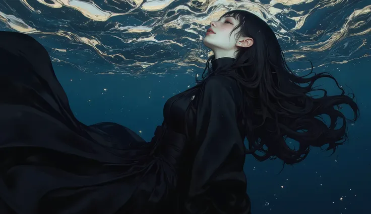 Portrait of Cynthia,(masterpiece),(Top quality),(Super detailed),(ultra high resolution),(Top Illustrations, realism),8k , Full height, Beautiful girl under water, at the bottom , black long robe, black hair slowly develops underwater, gloomy, Cold, The co...