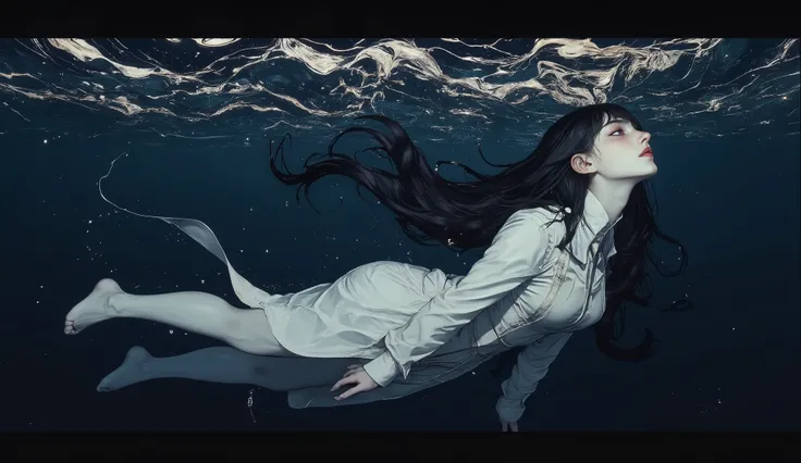 Portrait of Cynthia,(masterpiece),(Top quality),(Super detailed),(ultra high resolution),(Top Illustrations, realism), 8k , in full height, Beautiful girl under water, with long black hair, at the bottom , white long robe,, gloomy, Cold, sad, The color pal...