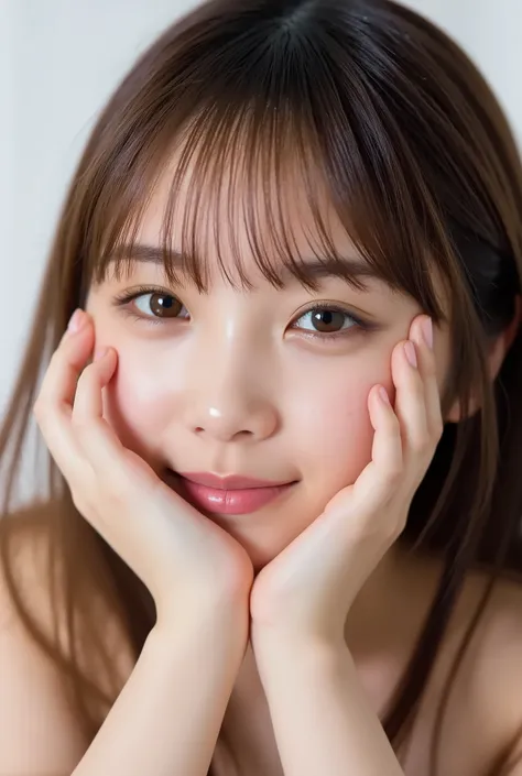 extreme close-up portrait, beautiful girl with her love-struck, radiant face filling the entire frame (95% face ratio), gently placing both open hands on her flushed cheeks with soft fingers, soft black camisole, white blurred background, eyes dreamy and h...