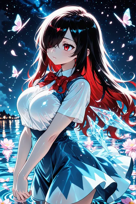 1 girl, Kuroki Monika, red eyes, gradient hair, black hair, red hair, long hair, asymmetrical hairline, hair over right eye, ((large breasts)), (petite but curvy), very cute, lovely, solo, standing, cirno, white shirt, white sleeves, short sleeves, blue p...