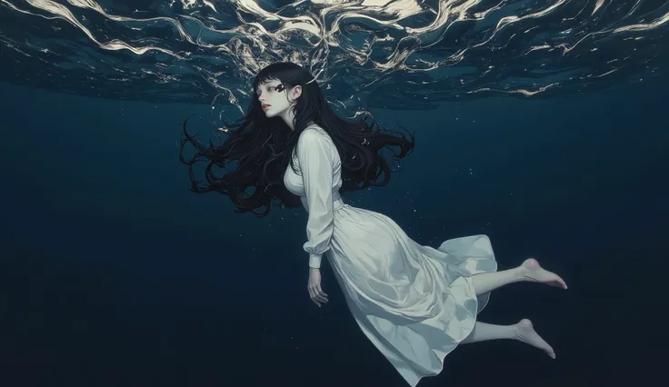 Portrait of Cynthia,(masterpiece),(Top quality),(Super detailed),(ultra high resolution),(Top Illustrations, realism), 8k , in full height, Beautiful girl under water, with long black hair, at the bottom ,  white long dress, gloomy, Cold, sad, The color pa...