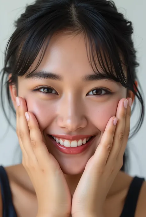 extreme close-up portrait, beautiful girl with her love-struck, radiant face filling the entire frame (95% face ratio), gently placing both open hands on her flushed cheeks with soft fingers, soft black camisole, white blurred background, eyes dreamy and h...