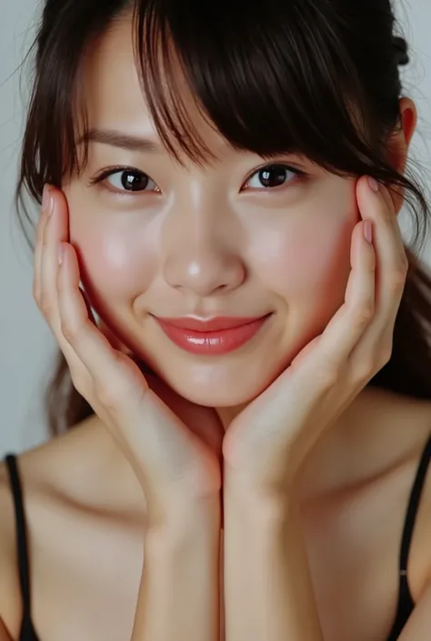 extreme close-up portrait, beautiful girl with her love-struck, radiant face filling the entire frame (95% face ratio), gently placing both open hands on her flushed cheeks with soft fingers, soft black camisole, white blurred background, eyes dreamy and h...