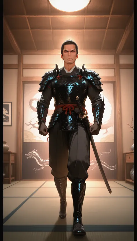 Japanese dragon pattern decoration、Yakuza men, wearing black dragon armor, black dragon boots, sword, japanese room, LAUGHT, Talking