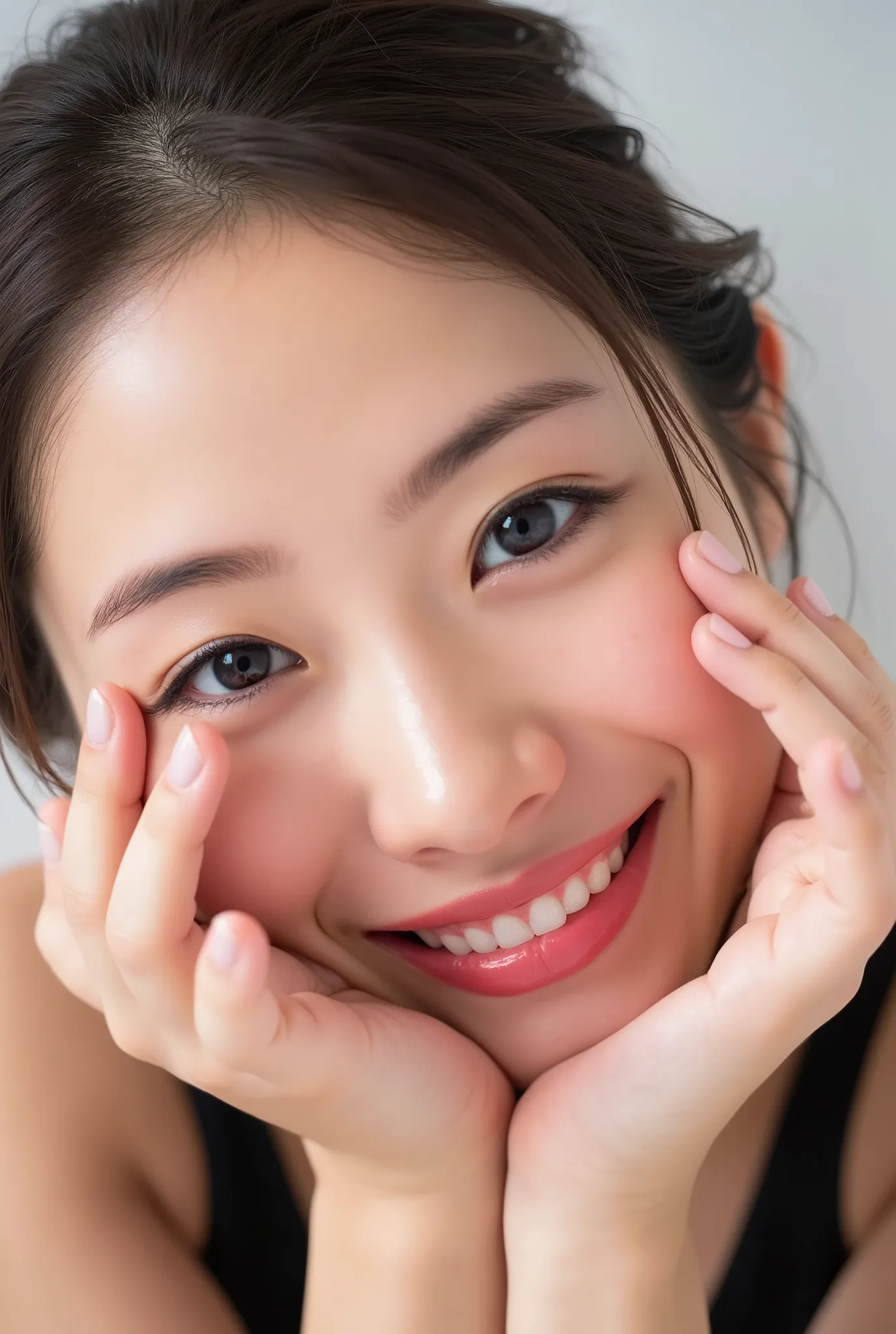 extreme close-up portrait, beautiful girl with her love-struck, radiant face filling the entire frame (95% face ratio), gently placing both open hands on her flushed cheeks with soft fingers, soft black camisole, white blurred background, eyes dreamy and h...