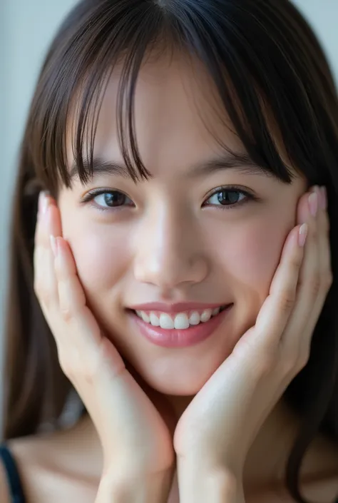 extreme close-up portrait, beautiful girl with her love-struck, radiant face filling the entire frame (95% face ratio), gently placing both open hands on her flushed cheeks with soft fingers, soft black camisole, white blurred background, eyes dreamy and h...