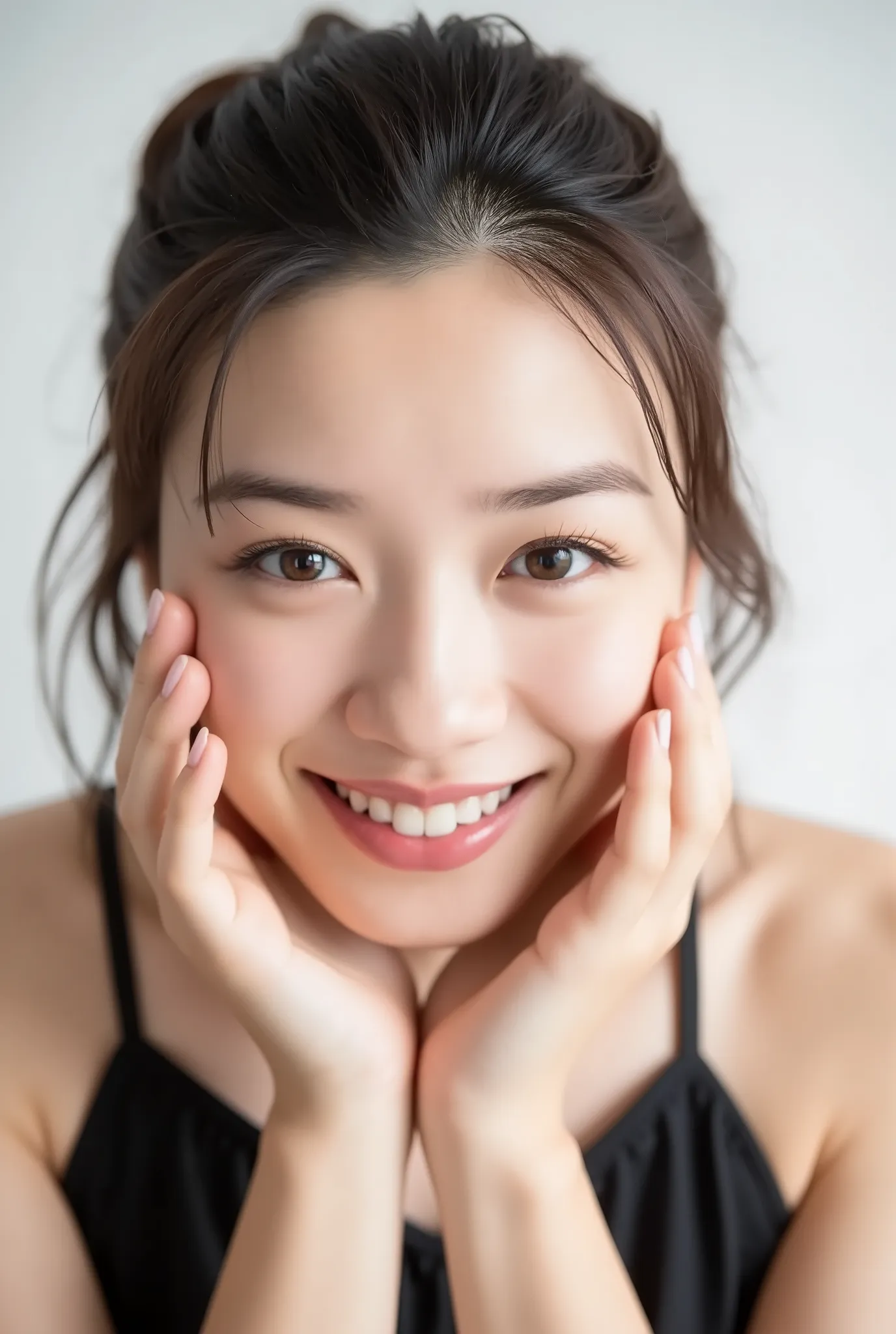 extreme close-up portrait, beautiful girl with her love-struck, radiant face filling the entire frame (95% face ratio), gently placing both open hands on her flushed cheeks with soft fingers, soft black camisole, white blurred background, eyes dreamy and h...