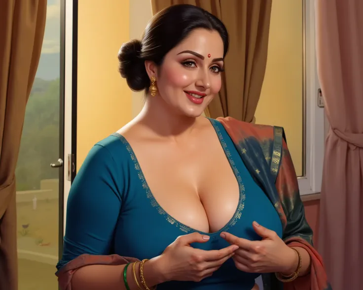 (Centered composition, cinematic lighting, detailed background) — A high-resolution, ultra-detailed painting in the style of renowned Indian artist Manimala. The scene shows a graceful, curvaceous Indian woman around 45 years old, looking at the viewer. Sh...