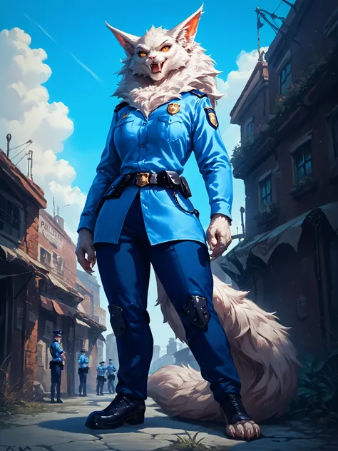 score_9, score_8_up, score_7_up, score_6_up, score_5_up, score_4_up, source_anime, source_ fluffy,  top quality, masterpiece, 1 woman, (targath),  police uniform, standing, outside, detailed background