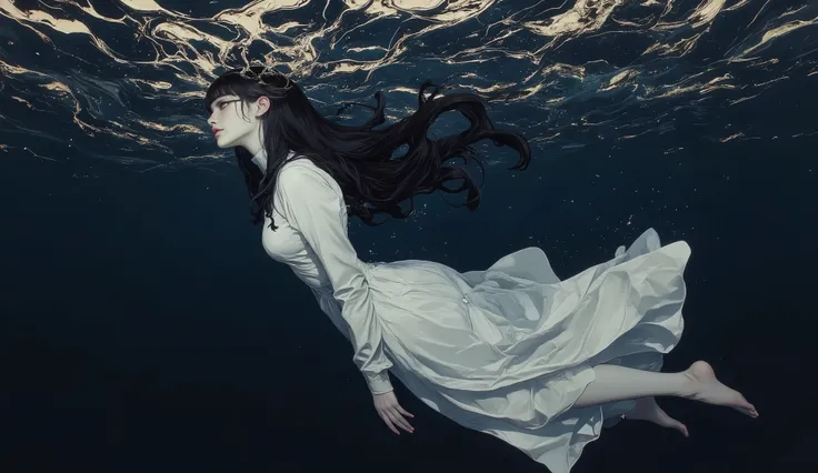Portrait of Cynthia,(masterpiece),(Top quality),(Super detailed),(ultra high resolution),(Top Illustrations, realism), 8k , in full height, Beautiful girl under water, with long black hair, at the bottom , white long dress, gloomy, Cold, sad, The color pa...