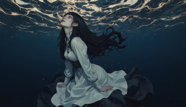 Portrait of Cynthia,(masterpiece),(Top quality),(Super detailed),(ultra high resolution),(Top Illustrations, realism), 8k , in full height, Beautiful girl under water, with long black hair, at the bottom ,  white long dress, gloomy, Cold, sad, The color pa...