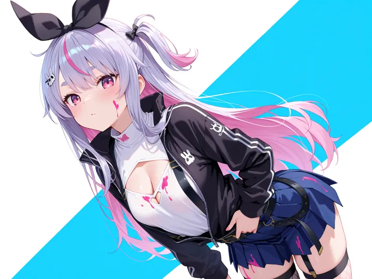 masterpiece,best quality, amazing quality, highres, absurdres, very aesthetic, high resolution, ultra detailed, perfect details,M1m1Def, pink eyes, grey hair, pink hair, multicolored hair, long hair, one side up, oversized hair bow, black bow, hair ornamen...