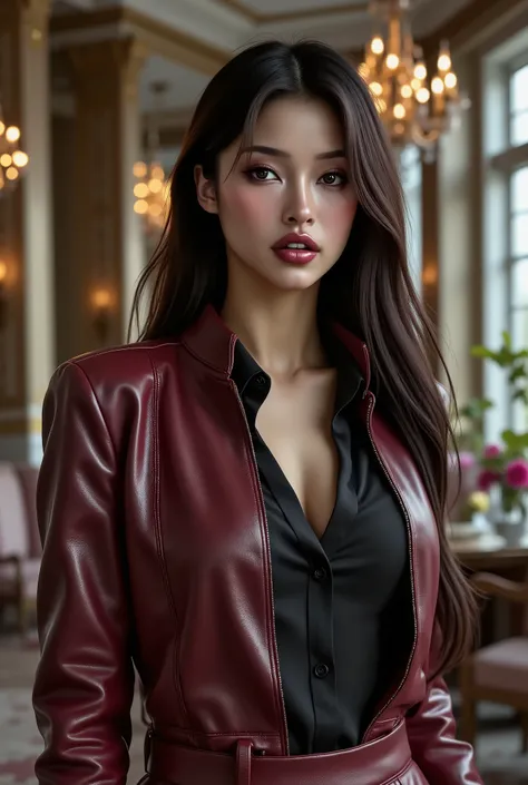 full body image of jul1n4luv3flx, a beautiful brazilian female business executive wearing an bordeaux leather Armani business suit with a open black buttondown shirt, dark slick back hair, strong seductive makeup, bedroom eyes, romantic lighting, a corpora...