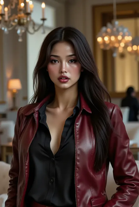 full body image of jul1n4luv3flx, a beautiful brazilian female business executive wearing an bordeaux leather Armani business suit with a open black buttondown shirt, dark slick back hair, strong seductive makeup, bedroom eyes, romantic lighting, a corpora...