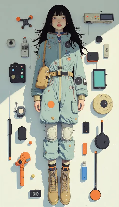 live-action、Genuine、A very beautiful Japanese woman in a light blue and beige spacesuit、Woman lying on a pure white floor、 has multiple boards glued together on the white floor .、Joints glow blue、full body、Woman lying on the floor、Objects placed around her...