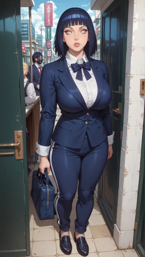 score_9,score_8_up,score_7_up,solo,looking at viewer, Hyūga _Hinata's/Boruto, White Eyes, Medium hair, Her's Long Bangs one that covers her face and the other hangs behind her head down past her shoulders,Dark Blue hair, Huge Breasts,(Future Era, Alternate...