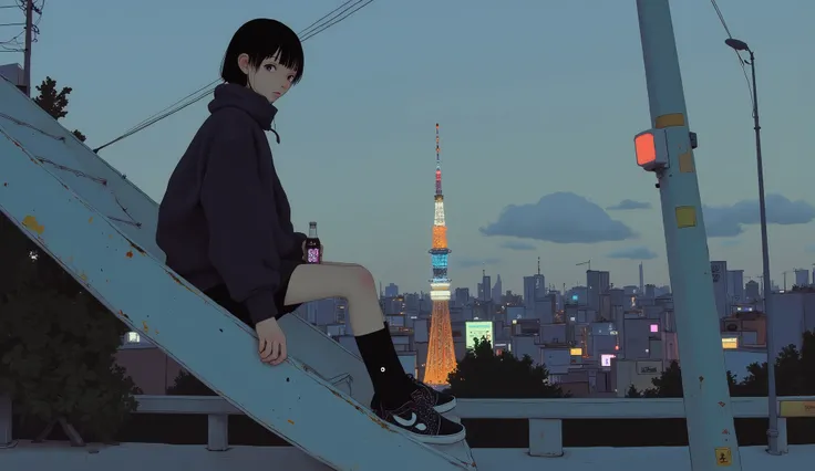 surrealism , artwork for drawing, 8K quality, Girl drinking cola, Moonlight Tokyo Street、 Tokyo Tower , Girl sitting with legs open on a park slide, uniform, Nike sneakers 、 anatomically accurate、