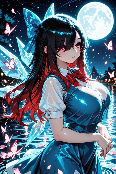 1 girl, Kuroki Monika, red eyes, gradient hair, black hair, red hair, long hair, asymmetrical hairline, hair over right eye, ((large breasts)), (petite but curvy), very cute, lovely, solo, standing, cirno, white shirt, white sleeves, short sleeves, blue p...