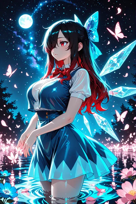 1 girl, Kuroki Monika, red eyes, gradient hair, black hair, red hair, long hair, asymmetrical hairline, hair over right eye, ((large breasts)), (petite but curvy), very cute, lovely, solo, standing, cirno,  white shirt, white sleeves, short sleeves, blue p...