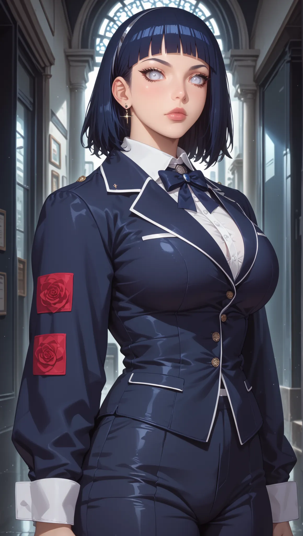 score_9,score_8_up,score_7_up,solo,looking at viewer, Hyūga _Hinata's/Boruto, White Eyes, Medium hair, Her's Long Bangs one that covers her face and the other hangs behind her head down past her shoulders,Dark Blue hair, Huge Breasts,(Future Era, Alternate...