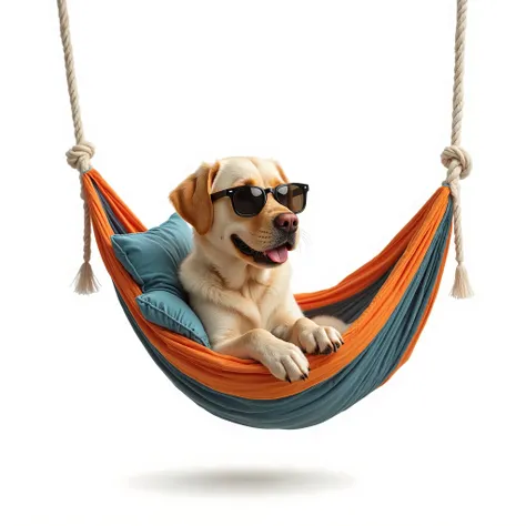 On the white background, there is a hilariously sweet scene: the labrador sat comfortably in a hanging hammock, as if she is enjoying a summer vacation. She is either sitting, or lying on her side, hugging the mini pillow, Sunglasses, giving the image of a...