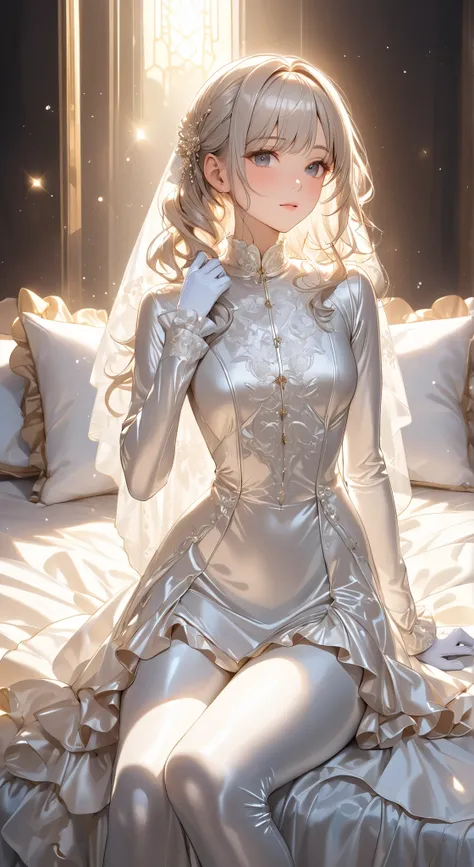  full body photo、 portrait、god々Shining light、( masterpiece, highest quality,  ultra high resolution ),Extremely detailed CG, Japanese Women,(( beautiful face)),(( long sleeve long sleeve dress made of shiny white silk satin))、((The dress has a simple desig...