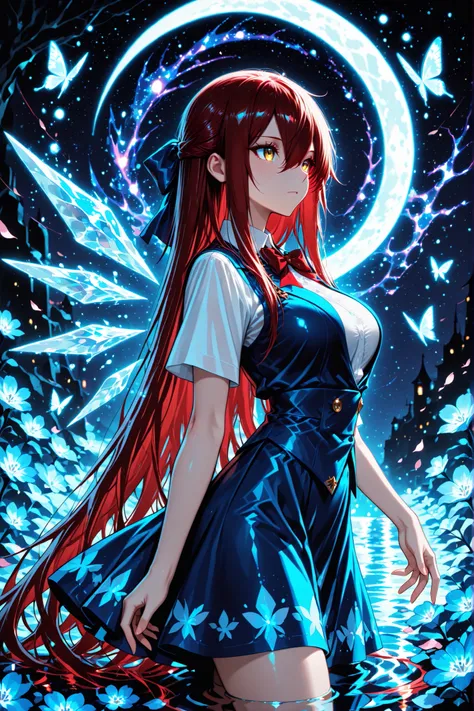 1 girl , golden eyes , very long hair , long sidelocks, red hair ,half updo, petite , very cute , beautiful ,Straight hair, cool, handsome, hair between eyes, sexy, female, mediumlarge breasts, lovely,, solo, standing, cirno, white shirt, white sleeves, s...