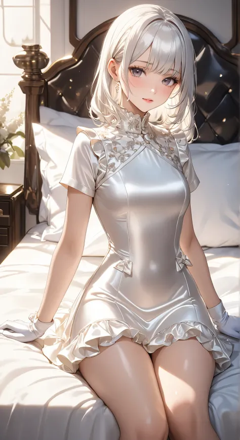  full body photo、 portrait、god々Shining Light、( masterpiece, best quality,  super high resolution ),very detailed CG, Japanese woman,(( beautiful face)),(( short sleeve mini dress made of shiny white silk satin))、((That dress has a simple design with no fri...