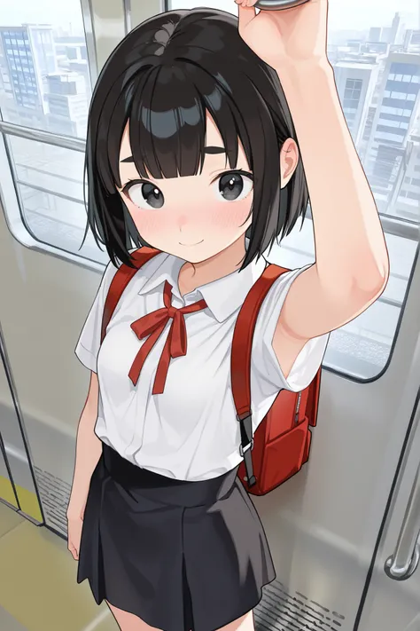 cute girl, schoolgirl, small girl, short girl, tween, ((solo)), ((1girl)), ((alone)), black skirt, (a-line skirt, flared skirt, suspenders), collared shirt, short sleeves, red ribbon, red backpack, (small breasts), skinny, black hair, bob cut, blunt bangs,...