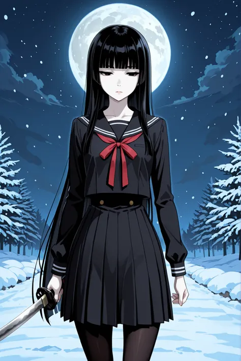 1 girl, beautiful girl,adult,18 years old,black eyes,narrow eyes,black hair, very long hair,blunt bangs,skinny,masterpiece,general,highres, ultra-detailed,very aesthetic,best quality ,best hands,best eyes,perfect anatomy,anime coloring,easynegative,black l...
