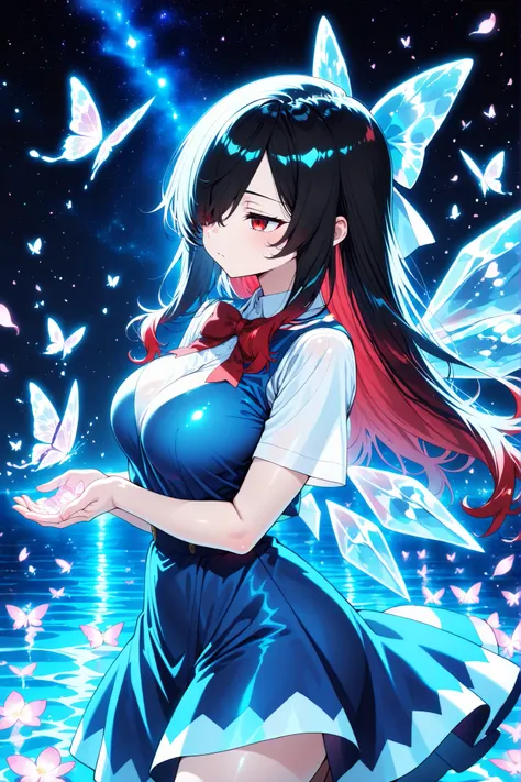 1 girl, Kuroki Monika, red eyes, gradient hair, black hair, red hair, long hair, asymmetrical hairline, hair over right eye, ((large breasts)), (petite but curvy), very cute, lovely, solo, standing, cirno, white shirt, white sleeves, short sleeves, blue p...