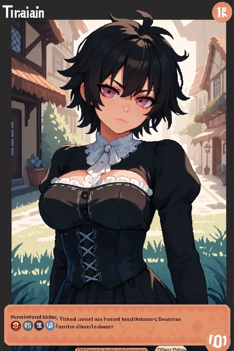 score_9, score_8_up, score_7_up, source_anime, solo, pixel art, tr4dingcard, card (medium), english_text, N, trading_card, white_trade_card_frames, tomboy, 1girl, solo BREAK
Black hair, large breasts, short hair, messy hair, pink eyes BREAK
Renaissance...