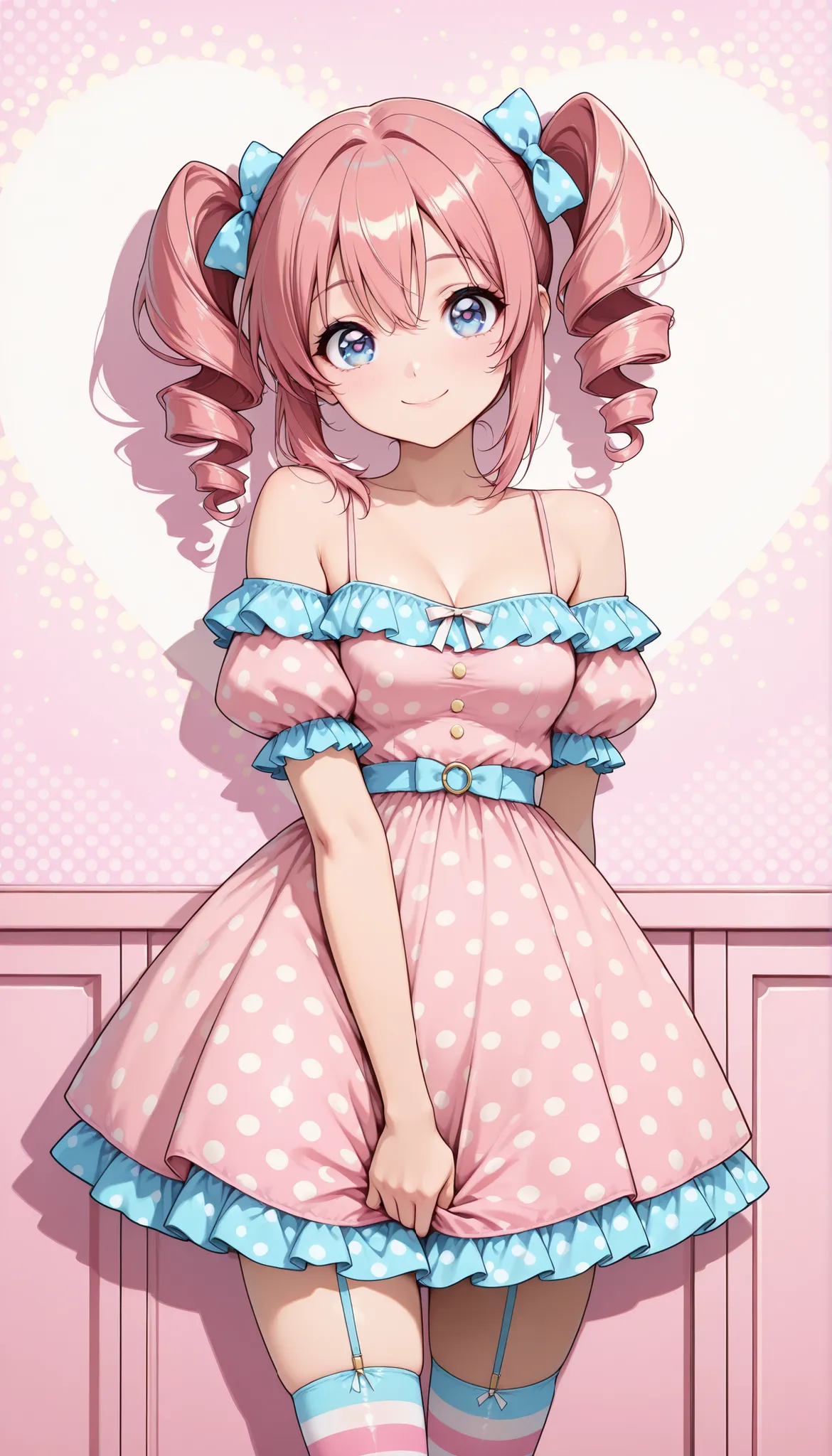 Cute Twentysomething Female, Miho Nakano, (big eyes), (Xiaoyan), (High Detail Skin:1.2), sexy faces, Glamorous Expression, Beautiful appearance, pink hair, twin drill, (comic style eyes , smile, droopy eyes), pop art, colorful, bright color, pastel color, ...
