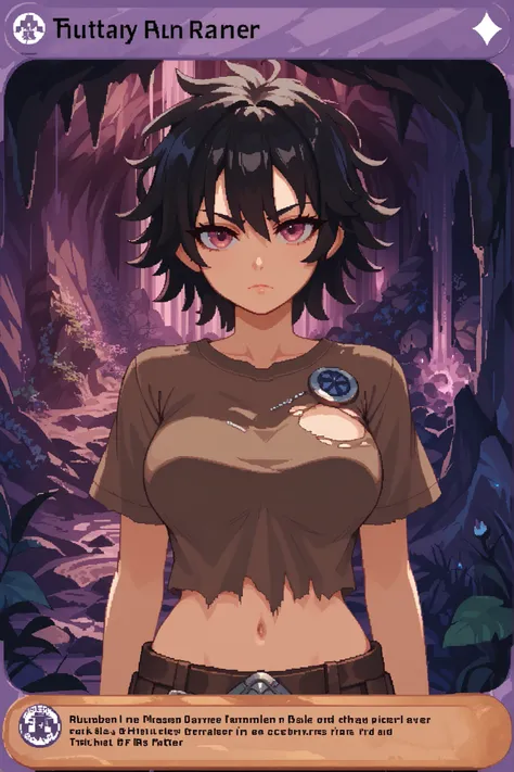 score_9, score_8_up, score_7_up, source_anime, solo, pixel art, tr4dingcard, card (medium), english_text, N, trading_card, white_trade_card_frames, tomboy, 1girl, solo BREAK
Black hair, large breasts, short hair, messy hair, pink eyes BREAK
Viking warr...