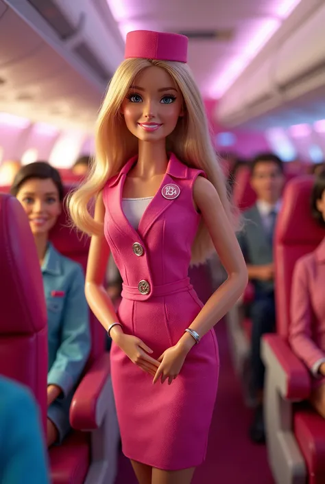 Create a lively scene featuring a Barbie doll as a flight attendant for Barbie Airlines, set inside an airplane cabin. Include passengers in the seats, showcasing a variety of expressions and styles. The flight attendant should be in a stylish uniform, and...
