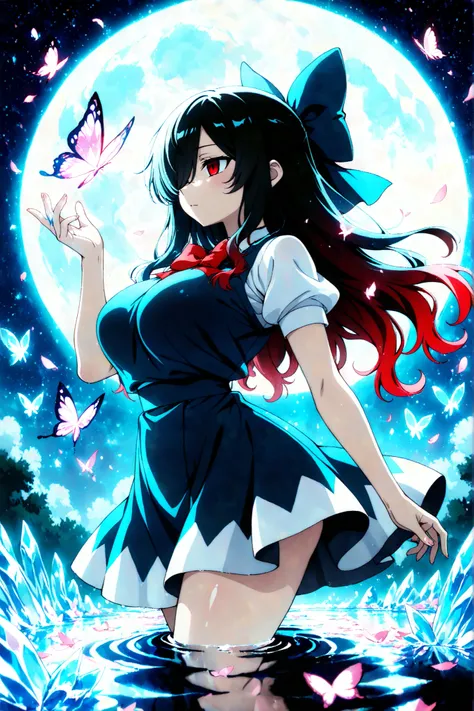 1 girl, Kuroki Monika, red eyes, gradient hair, black hair, red hair, long hair, asymmetrical hairline, hair over right eye, ((large breasts)), (petite but curvy), very cute, lovely, solo, standing, cirno, white shirt, white sleeves, short sleeves, blue p...