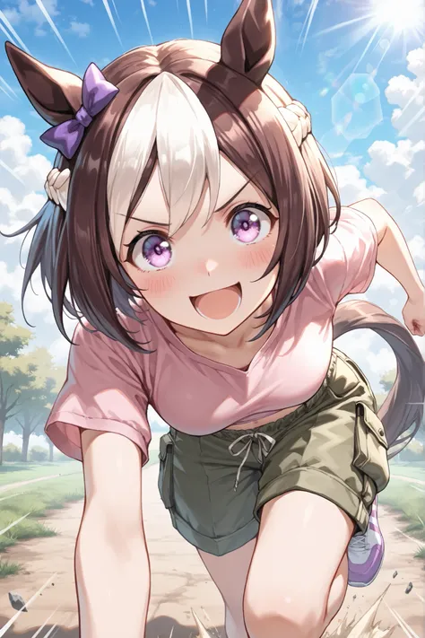 ((Masterpiece)),((best quality)),((incredibly absurdres)),((8K)),
1 girl,solo,younger,kawaii,special week \(umamusume\),animal ears,purple eyes,small breasts,BREAK,
pink shirt,short sleeves,cropped shirt,green cargo shorts ,tail, white footwear , purple fo...