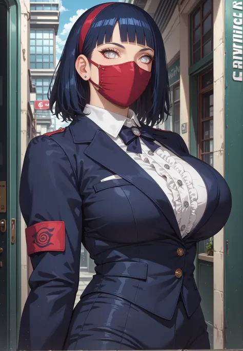 score_9,score_8_up,score_7_up,solo,looking at viewer, Hyūga _Hinata's/Boruto, White Eyes, Medium hair, Her's Long Bangs one that covers her face and the other hangs behind her head down past her shoulders,Dark Blue hair, Huge Breasts,(Future Era, Alterna...