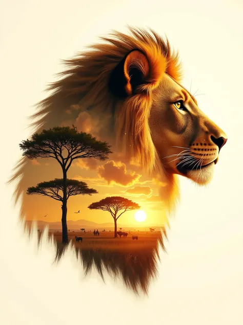 A transcendent double exposure digital artwork showcasing a powerful lion’s profile rendered in intricate detail. The lion's face exudes regal intensity, its expressive eyes and finely sculpted features merging flawlessly with a seamlessly integrated Afric...