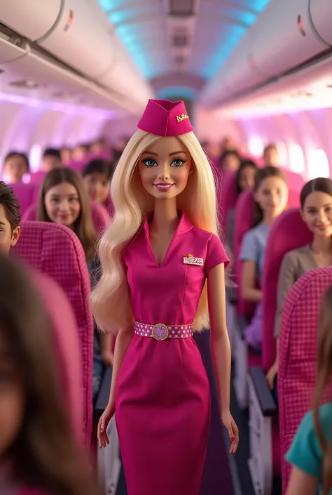 Create a lively scene featuring a Barbie doll as a flight attendant for Barbie Airlines, set inside an airplane cabin. Include passengers in the seats, showcasing a variety of expressions and styles. The flight attendant should be in a stylish uniform, and...