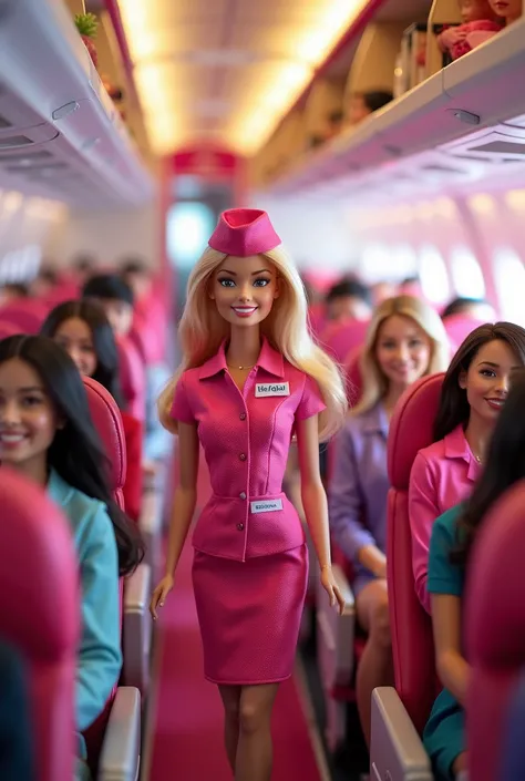 Create a lively scene featuring a Barbie doll as a flight attendant for Barbie Airlines, set inside an airplane cabin. Include passengers in the seats, showcasing a variety of expressions and styles. The flight attendant should be in a stylish uniform, and...