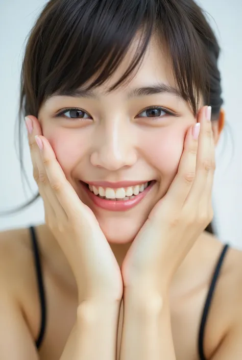 extreme close-up portrait, beautiful girl with her love-struck, radiant face filling the entire frame (95% face ratio), gently placing both open hands on her flushed cheeks with soft fingers, soft black camisole, white blurred background, eyes dreamy and h...