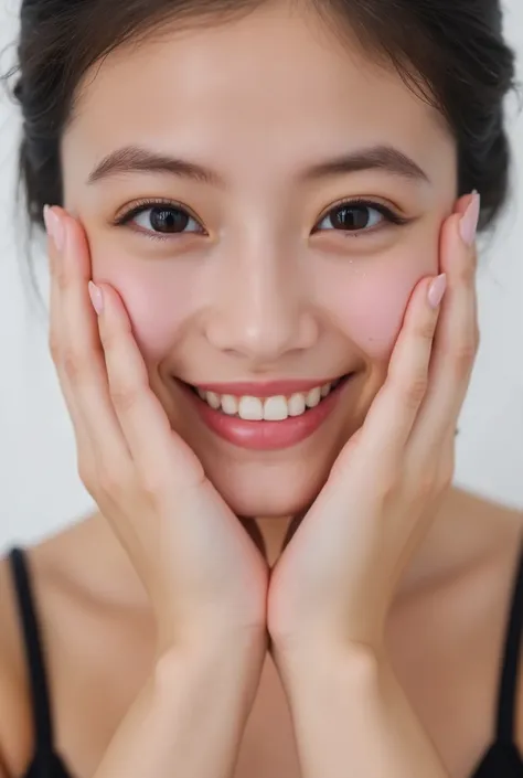 extreme close-up portrait, beautiful girl with her love-struck, radiant face filling the entire frame (95% face ratio), gently placing both open hands on her flushed cheeks with soft fingers, soft black camisole, white blurred background, eyes dreamy and h...