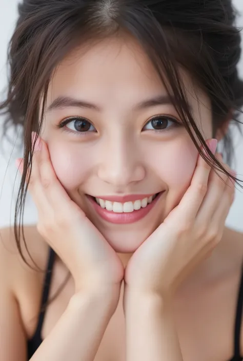 extreme close-up portrait, beautiful girl with her love-struck, radiant face filling the entire frame (95% face ratio), gently placing both open hands on her flushed cheeks with soft fingers, soft black camisole, white blurred background, eyes dreamy and h...