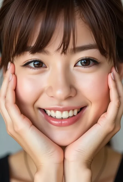 extreme close-up portrait, beautiful girl with her love-struck, radiant face filling the entire frame (95% face ratio), gently placing both open hands on her flushed cheeks with soft fingers, soft black camisole, white blurred background, eyes dreamy and h...