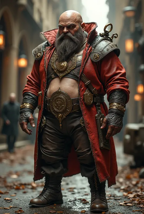 (masterpiece, best quality), a short plump dwarf with no hair, with two-braided beard, dressed in steampunk style, wears airplane pilot goggles, clothes adorned with intricate ornaments, dynamically and sensually. The background of this image is collide wi...