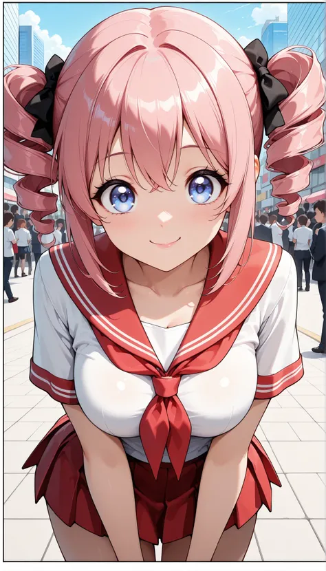 1 female, Miho Nakano, (big eyes), (Xiaoyan), (High Detail Skin:1.2), sexy faces, Glamorous Expression, Beautiful appearance, pink hair, twin drill, (comic style eyes , smile, droopy eyes), JK, red sailor suit:1.2, pleated skirt, miniskirt,  (City,  downto...